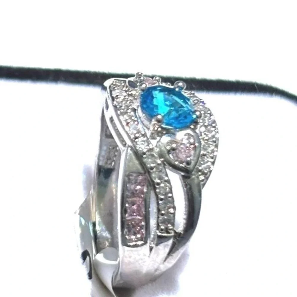 Ring Sterling Silver Blue Pink CZ Heart Statement 7  New